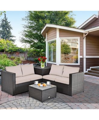 4PCS Outdoor Patio Rattan Furniture Set Cushioned Loveseat Storage Table
