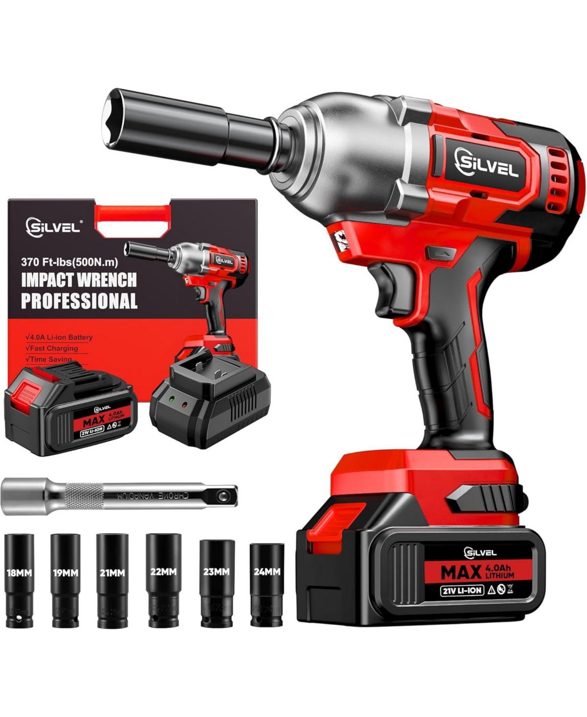 Cordless Impact Wrench, Max 500N.m Brushless Impact Gun 1/2 inch, 4.0Ah Battery, 6 Sockets, 3200RPM Impact Driver wih Fast Charger - Red