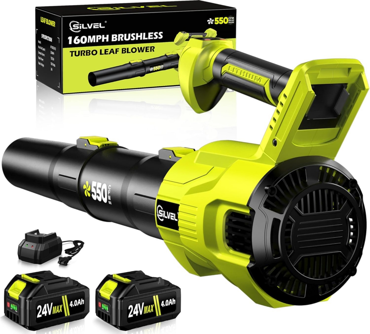 Cordless Leaf Blower, 550CFM (160MPH) Brushless Turbo Blower, 24V High Power Battery Powered Leaf Blowers with 2x4.0Ah Battery & Charger, Elect