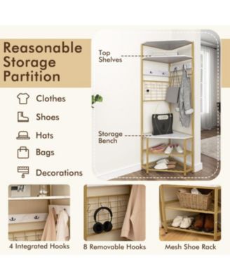 Corner Hall Tree with 5-Tier Shelves and Shoe Bench for Entryway Organization