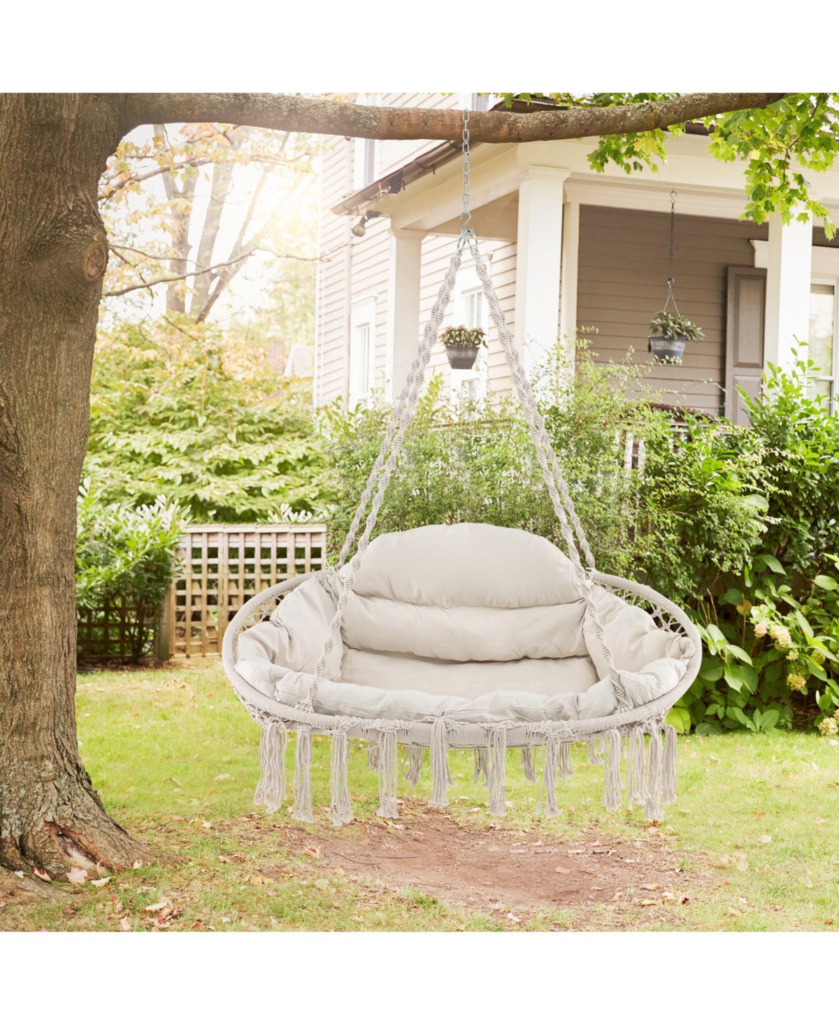 Hand-Woven Rope Hanging Chair with Thick Cushion and Folding Metal Frame