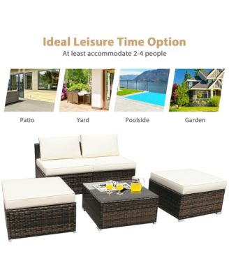 5PCS Patio Rattan Wicker Furniture Set Armless Sofa Ottoman Cushioned Garden
