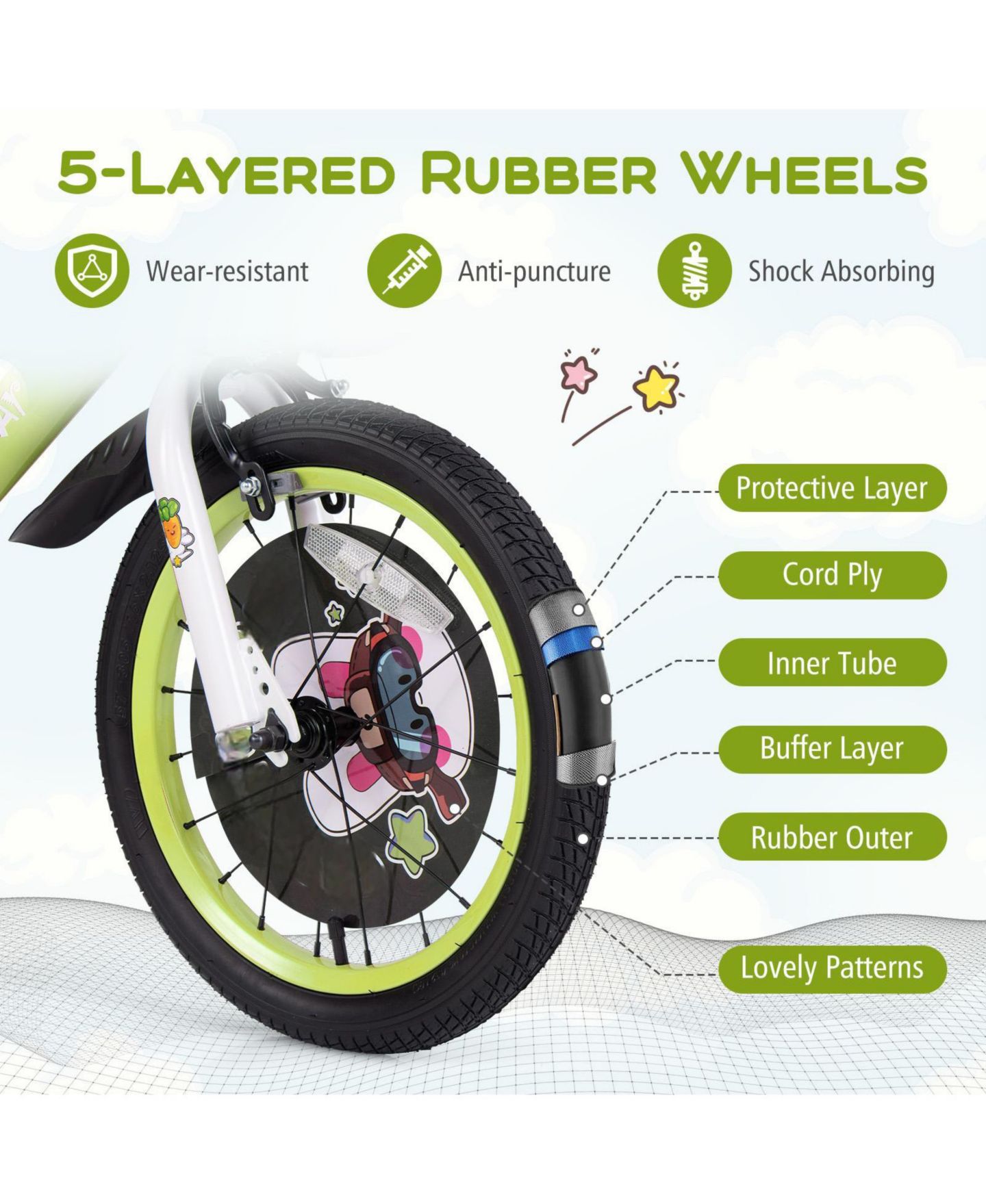 Детские игрушки HONGGE 16" Kids Bike Adjustable Detachable Training Wheels, Ages 4-8, цвет: Зелёный — фото 8