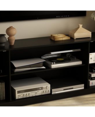 TV stand with top, left and right cabinets, multi-purpose media wooden console, entertainment center with tempered glass