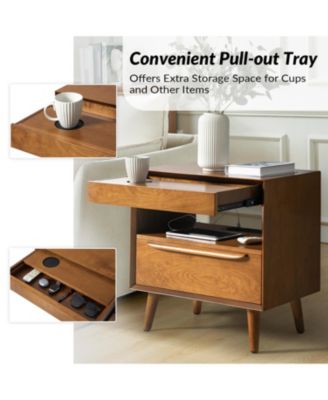 Jeraldo Mid-Century Modern 2-Drawer End Table with Built-In Outlets and Wooden Handle