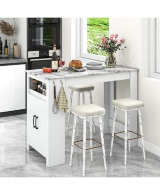 Faux Marble Bar Table with Storage Shelf and 7 Hooks for Home Bar or Kitchen