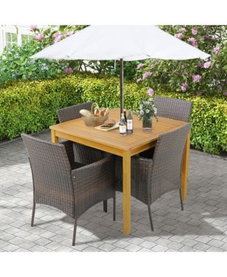 5 PCS Patio Dining Set Acacia Wood Table w/ 1.9'' Umbrella Hole Cushioned Chairs