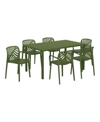 7-Piece Outdoor Metal Rectangle Patio Dining Table Set With Stackable Resin Patio Dining Chairs