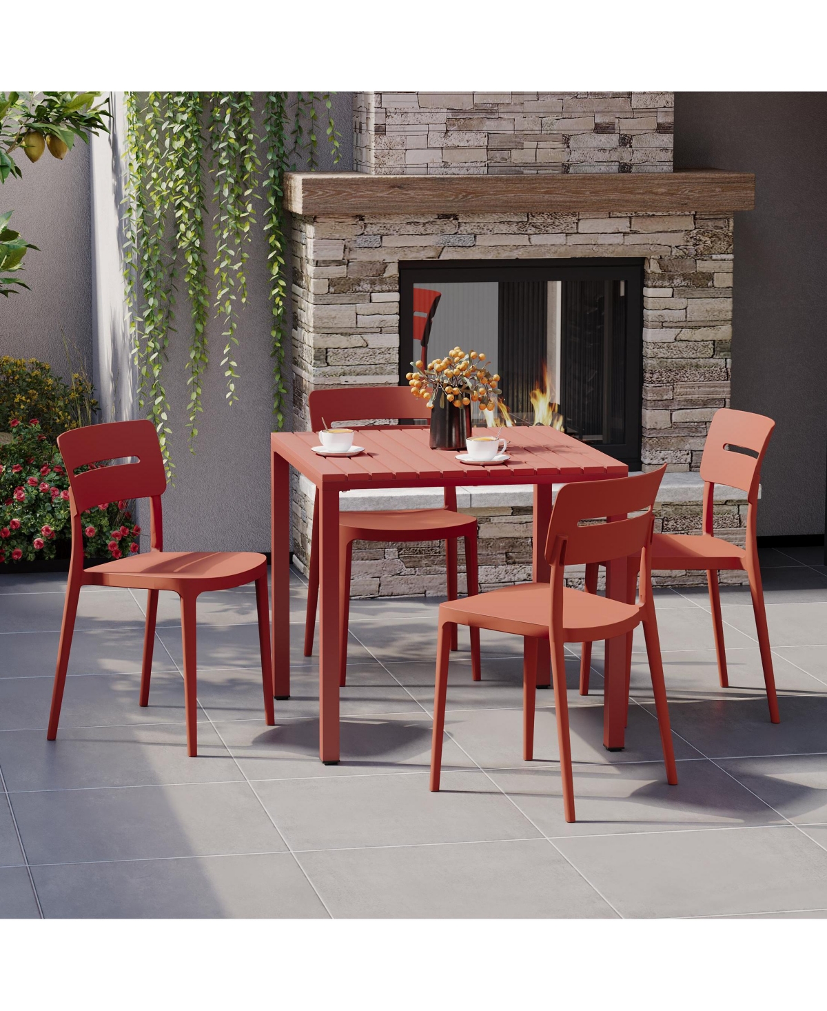 5-Piece Outdoor Metal Frame Dining Table Patio Set with Stackable Chairs