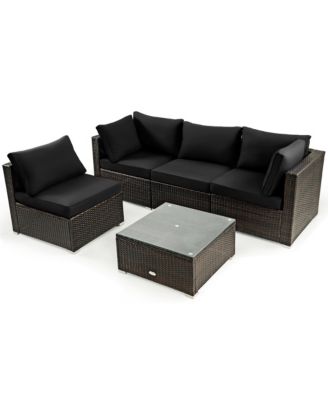 5PCS Patio Rattan Furniture Set Cushioned Sofa Chair Coffee Table