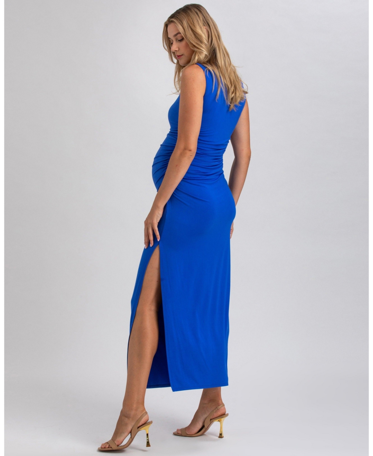 Pietro Brunelli Maternity Maternity Sleeveless Side-ruched Blossom Maxi Split Dress In Blue