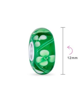 Set of 4 Green Floral Hibiscus Glass Charm Bead Silver for European Bracelet