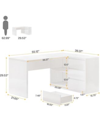 L-Shaped Executive Office Desk, Computer Desk with 3 Drawers, Modern Corner Home Office Executive Desk with LED Lights and 2 Storage Shelves for Work Study Writing