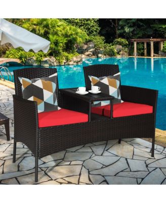 Patio Rattan Loveseat Sofa Cushioned Coffee Table