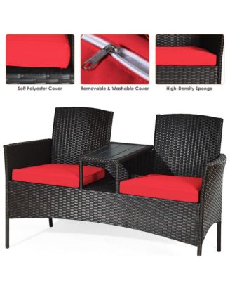 Patio Rattan Loveseat Sofa Cushioned Coffee Table