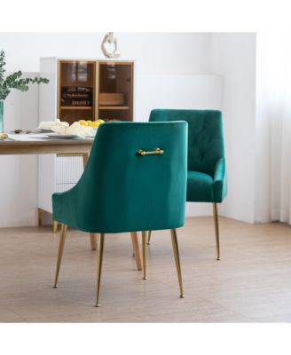 Modern Velvet Upholstered Dining Chairs Set of 2, Mid Century Side Chairs with 5.12” Cushions and Back Pull Rod for Kitchen, Living Room