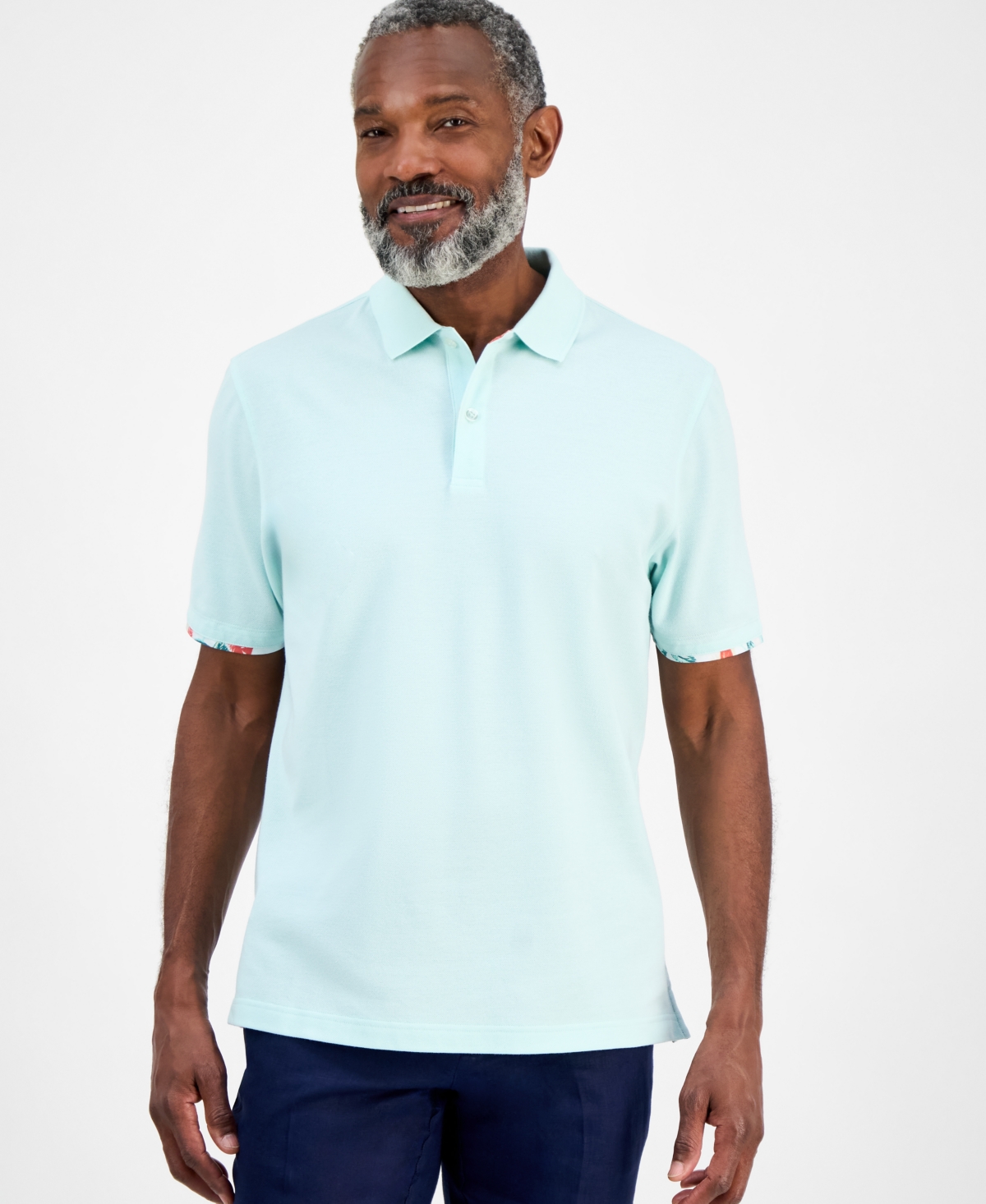 Men's Short Sleeve Printed-Trim Woven Performance Polo Shirt, Exclusively at Macy's - Lt/paspink