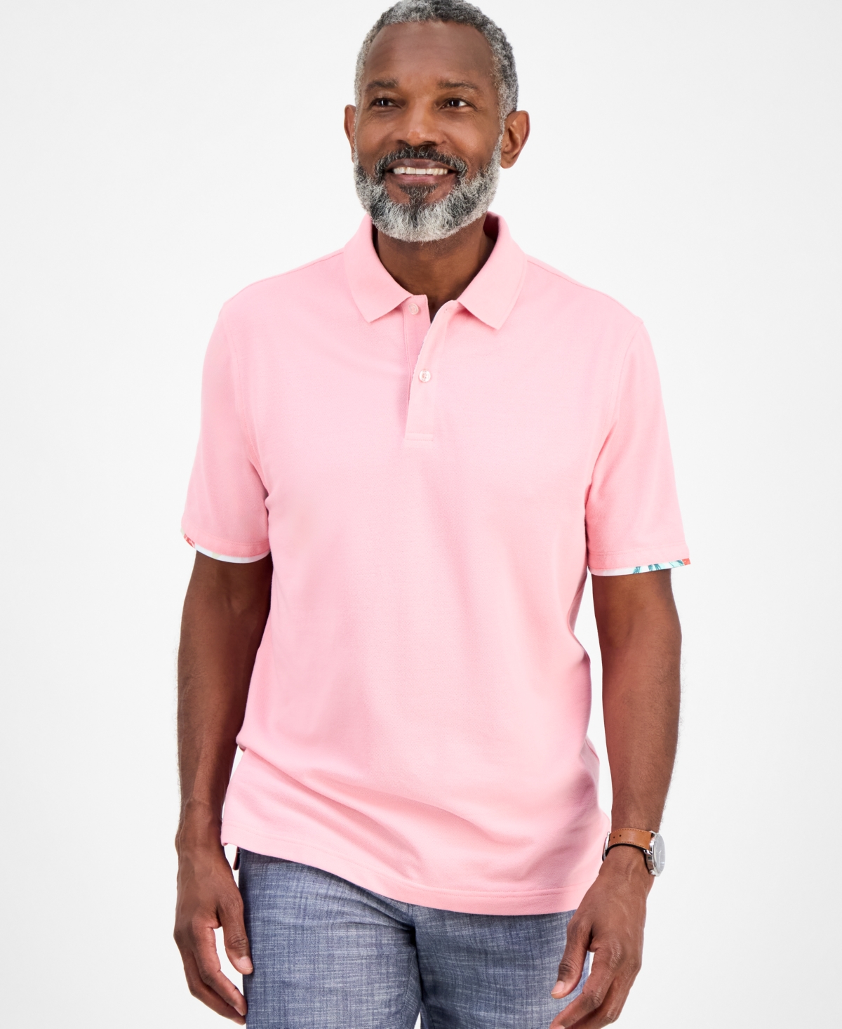 Men's Short Sleeve Printed-Trim Woven Performance Polo Shirt, Exclusively at Macy's - Lt/paspink