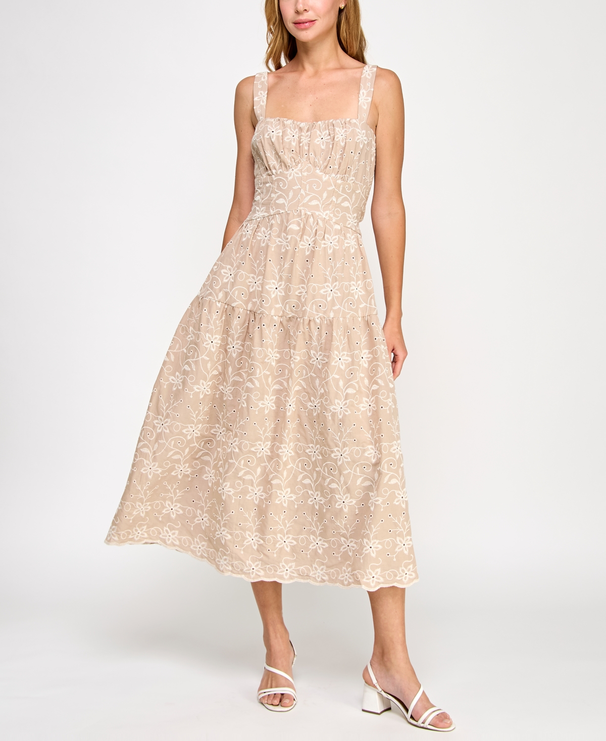 Row A Juniors' Eyelet-embroidered Tiered Tie-back Dress