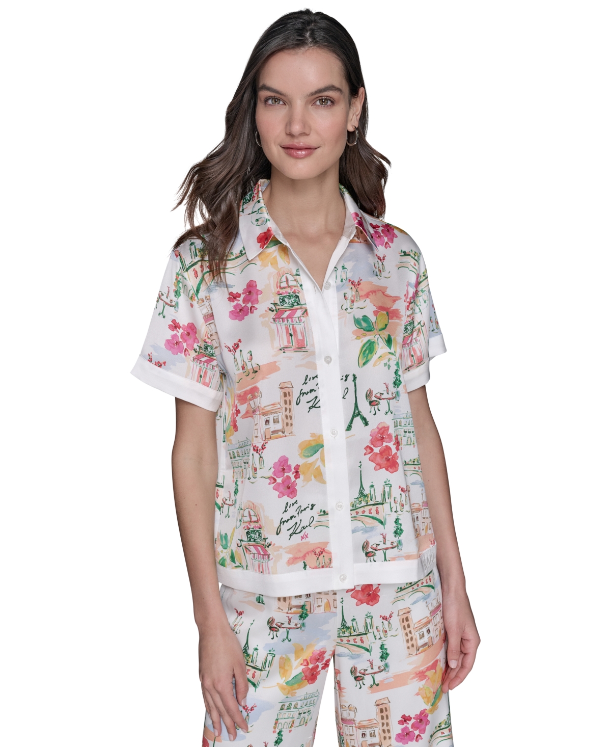 Shop Karl Lagerfeld Petite Short-sleeve Multi-print Camp Shirt