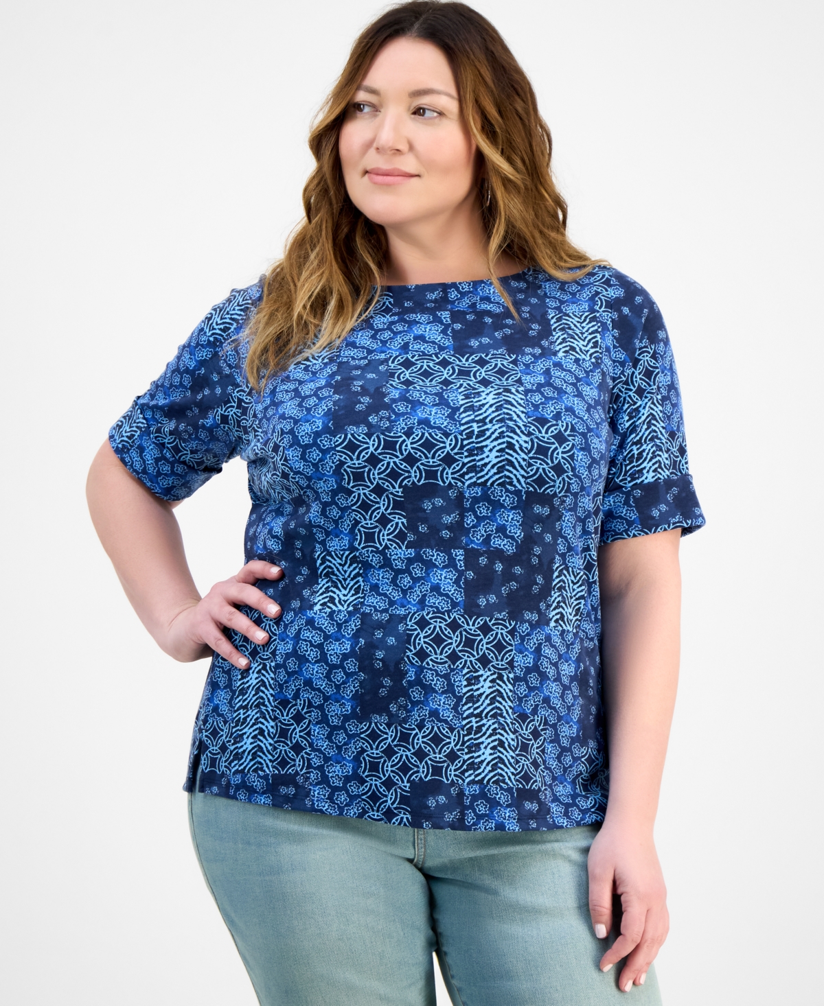 Plus Size Printed Elbow-Sleeve Knit Top, Exclusively at Macy's - Pink Rush Combo