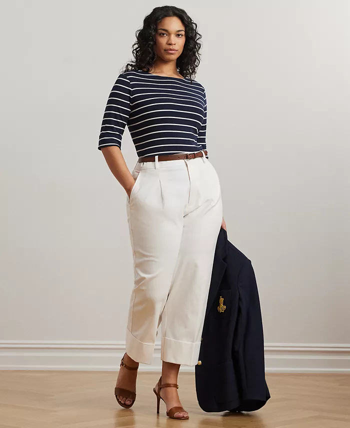 Plus Size Striped Cotton Boatneck T-Shirt - thumbnail 3