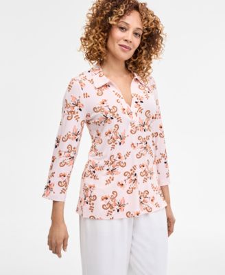 Petite Floral-Print Johnny-Collar Tunic, Exclusively at Macy's