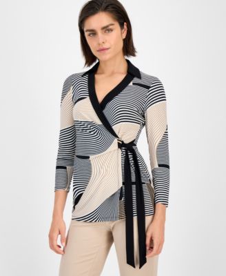 Anne Klein - Women's Geo-Print 3/4-Sleeve Wrap Top