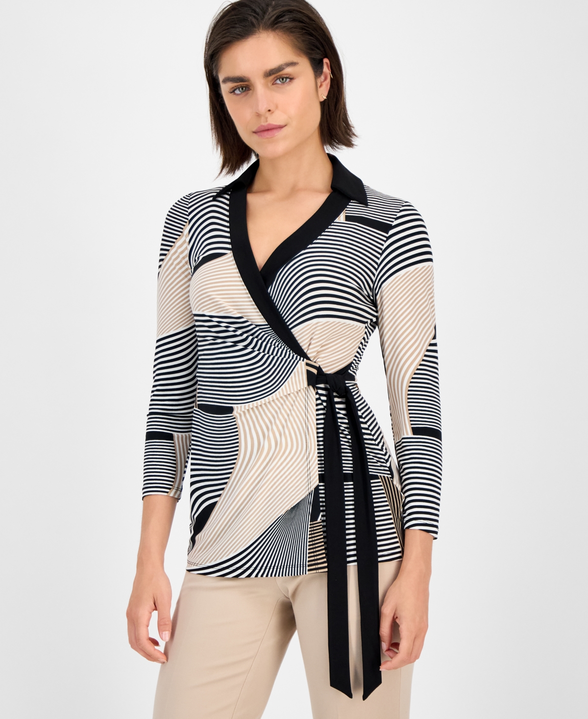 Women's Geo-Print 3/4-Sleeve Wrap Top - Anne Black Multi