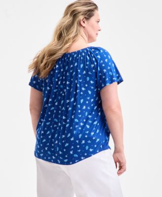 Plus Size Printed Scoop-Neck Shirred Top, Exclusively at Macy's 