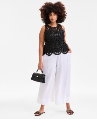 Trendy Plus Size Crochet Scalloped Tank Top Cotton Gauze Smocked Waist Wide Leg Pants Exclusively At Macys