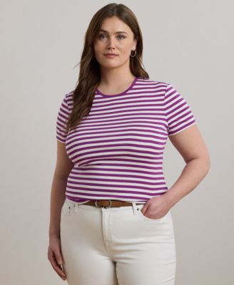 Lauren Ralph Lauren - Plus Size Striped Stretch Cotton Crewneck Tee