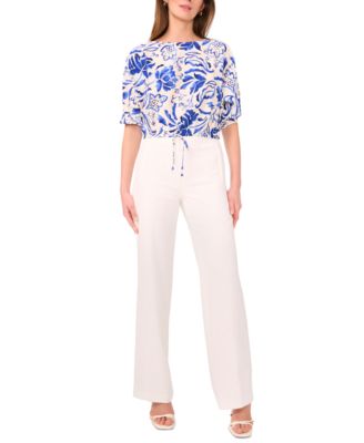 Petite Printed Boat-Neck Elbow-Sleeve Top