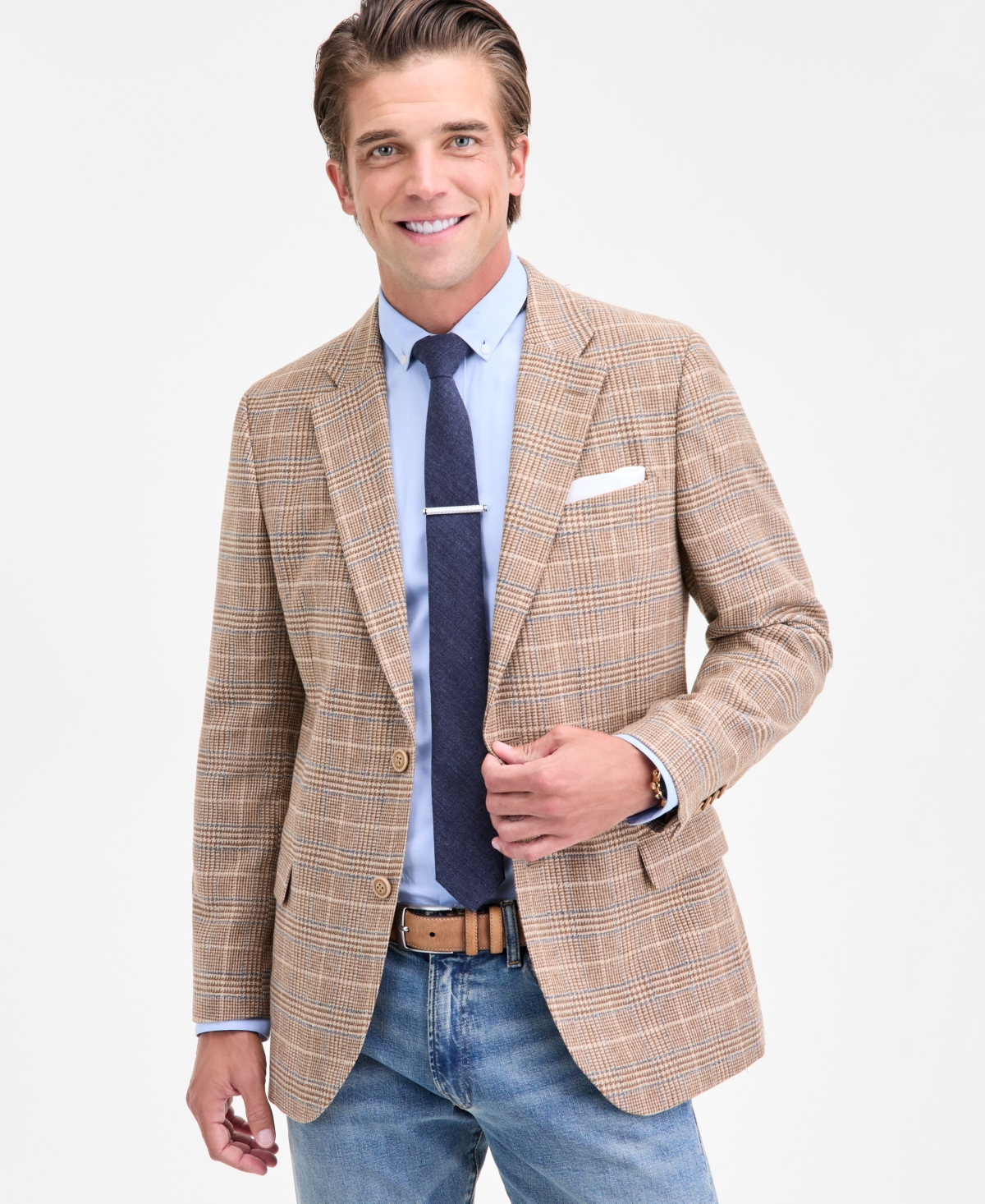Men's Modern-Fit Tan Plaid Tweed Sport Coat - Tan Plaid