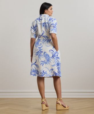 Plus Size Paisley Tie-Front Linen Shirtdress