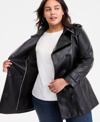 Plus Size Double-Breasted Faux-Leather Belted Trench Coat