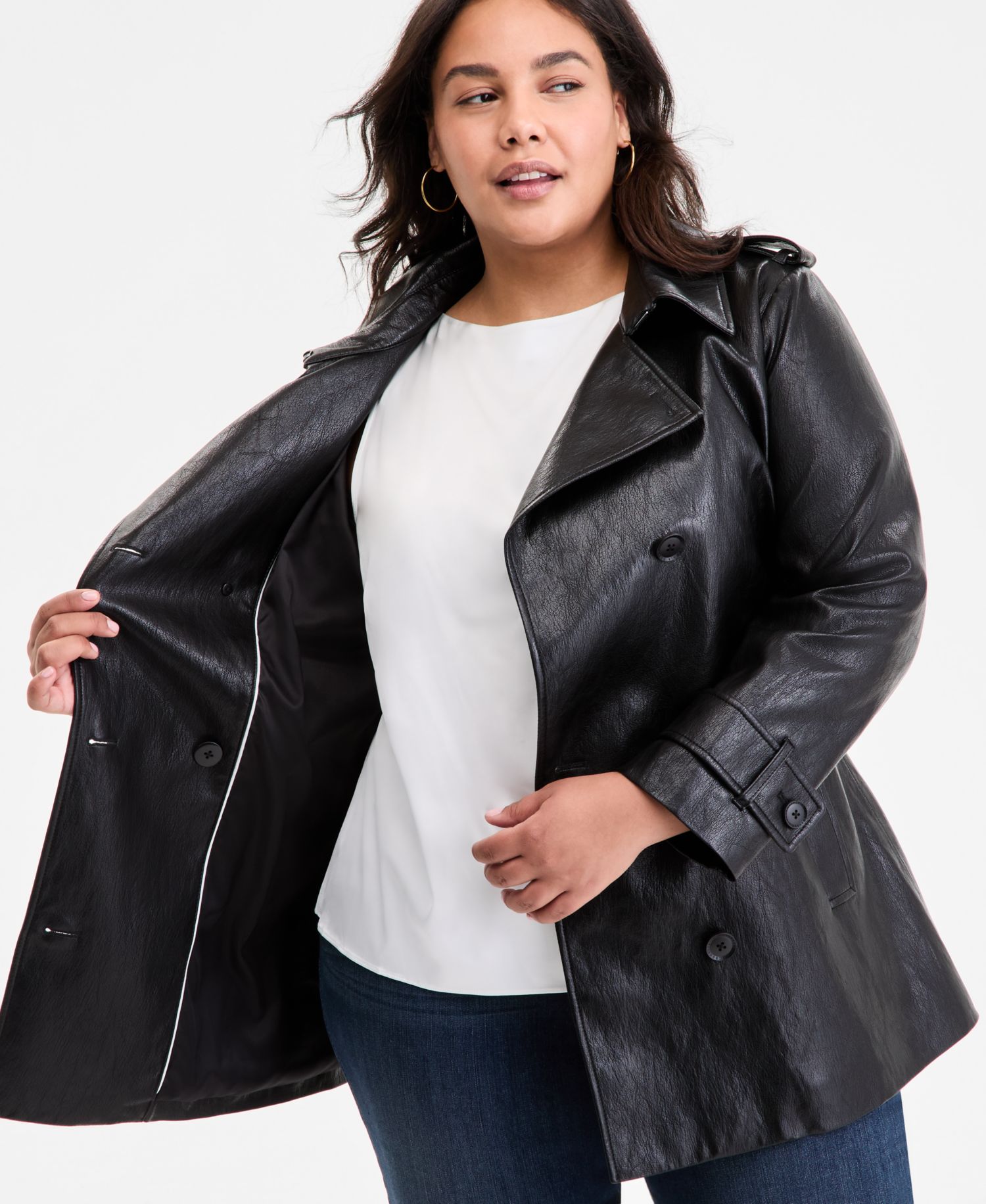 Plus Size Double-Breasted Faux-Leather Belted Trench Coat