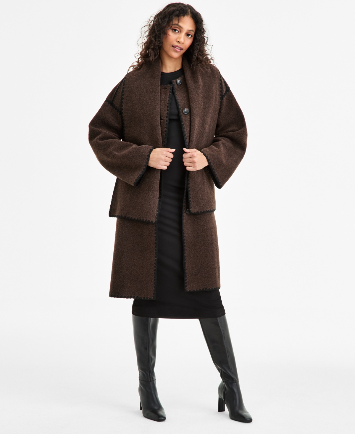 Bcbgmaxazria Women's Button-front Edge-stitch Scarf Coat In Brown