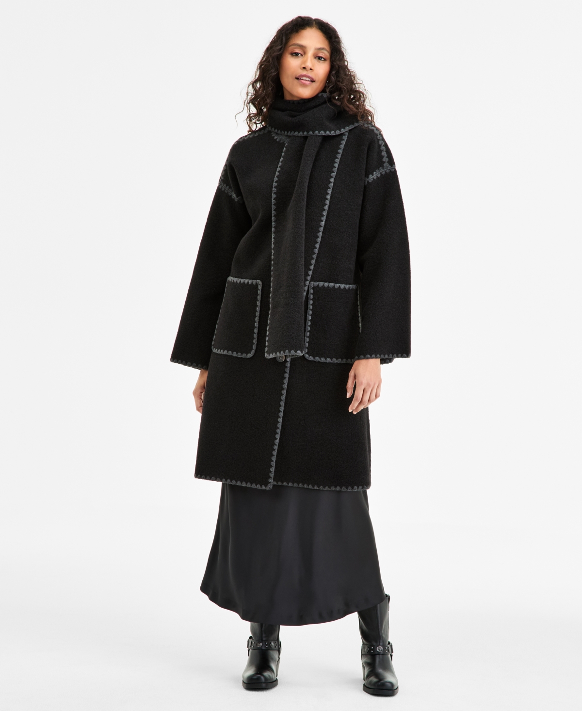 Bcbgmaxazria Women's Button-front Edge-stitch Scarf Coat In Black