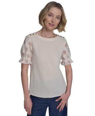 Halston - Women's Lace-Sleeve Round-Neck Top