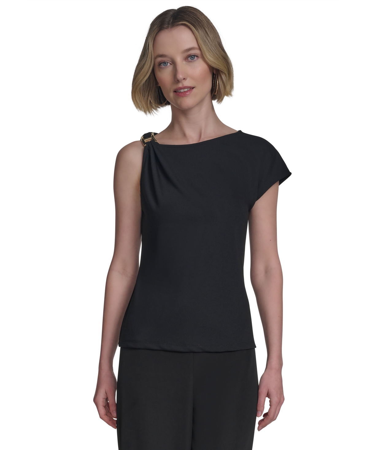 Halston Women's Asymmetric One-shoulder Hardware Top In Black