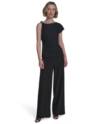 Womens Asymmetric One Shoulder Hardware Top Horsebit Buckle Straight Leg Pants