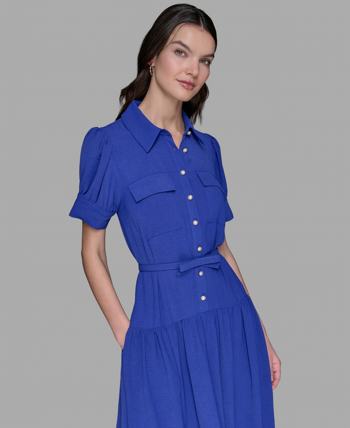 Karl Lagerfeld Women's Belted Puff-sleeve Midi Shirtdress