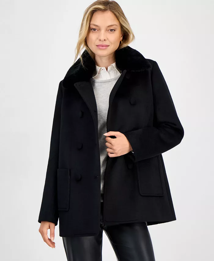 Women's Double-Breasted Faux Fur Collar Coat