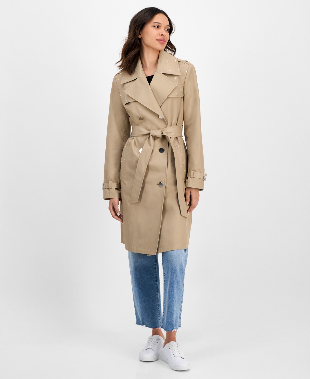 Cece Women's Double-breasted Studded Belted Trench Coat In Brown