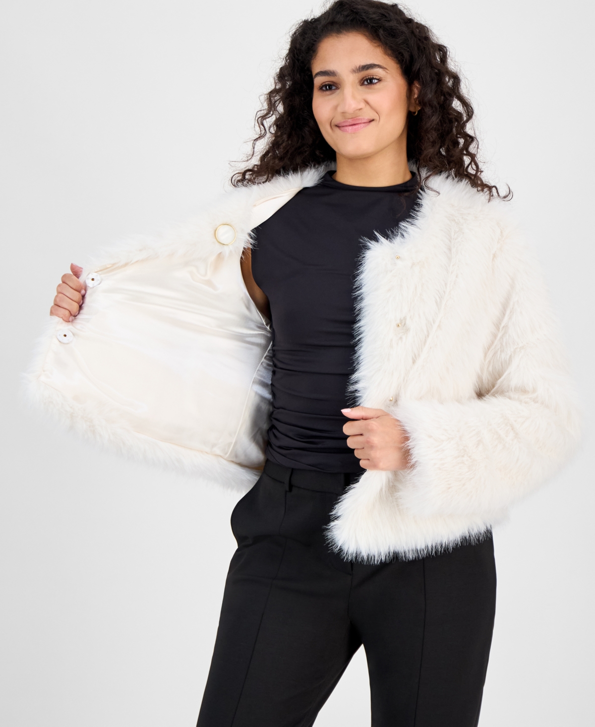 Cece Women's Collarless Short Faux-fur Coat In White