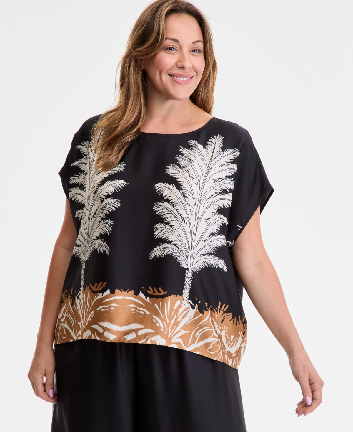Vince Camuto Plus Size Placed-print Boat-neck Caftan Blouse In Black