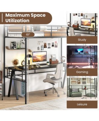 Twin Size Loft Bed Metal Bed Frame with Ladder and Guardrails