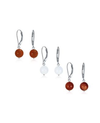 Set of 3 Simple Natural Stone 8MM Ball Drop Earrings Sterling Silver Leverback