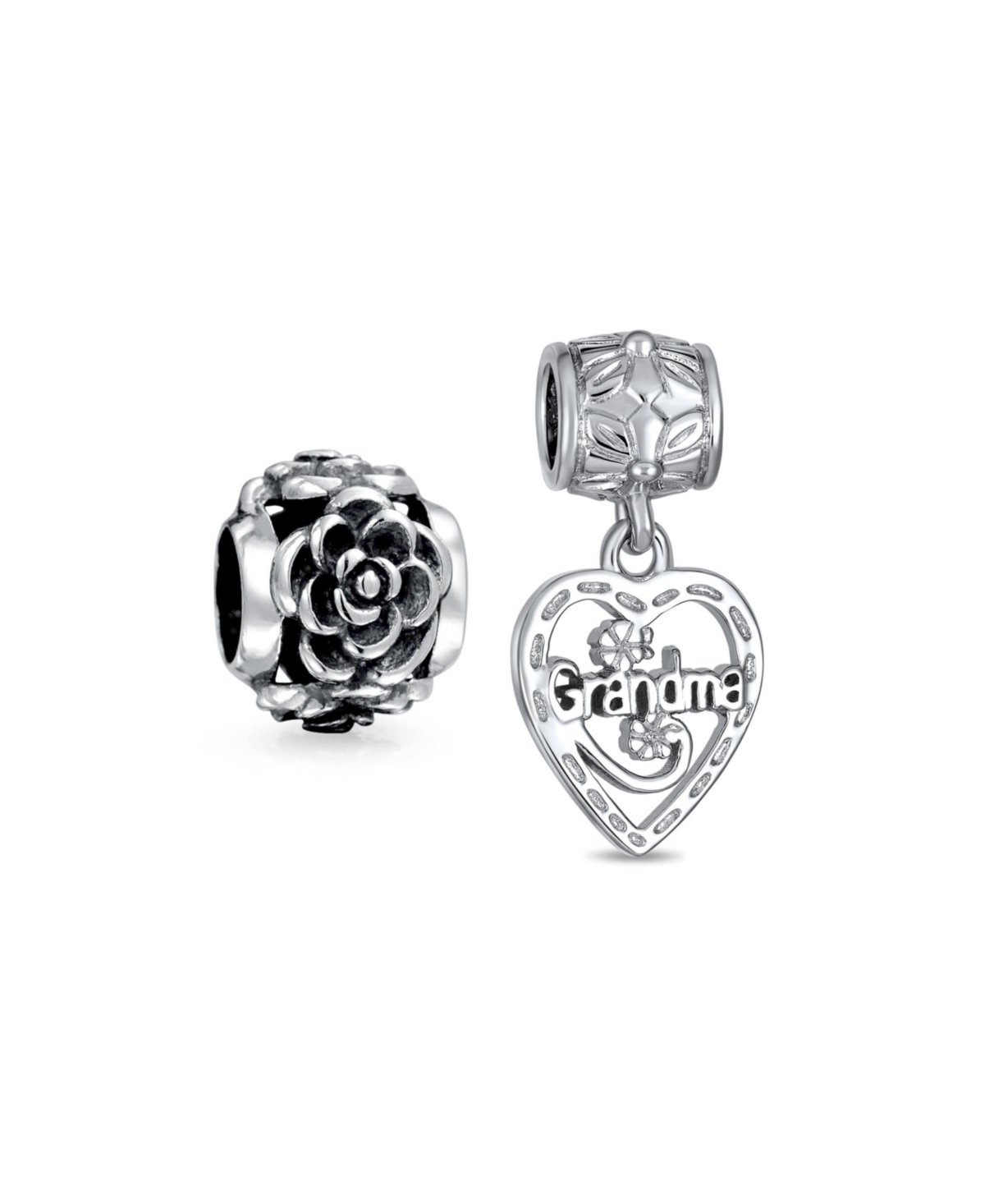 Set of 2 Heart Grandma Dangle & Flower Garden Black Rose Charm Bead Sterling Silver - Silver set